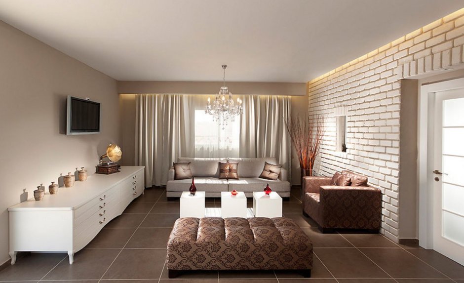 Белый кирпич в интерьере гостиной