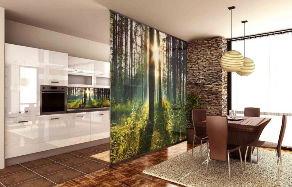 Декоративная перегородка для зонирования кухни и гостиной