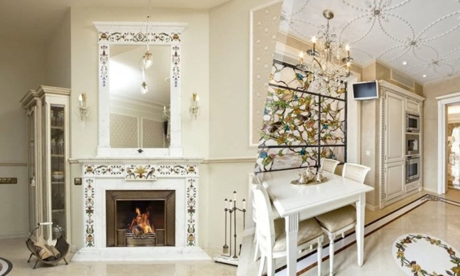 Зеркало над камином в интерьере