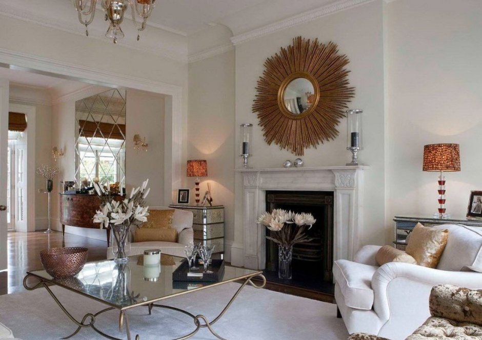 Зеркало над камином в интерьере