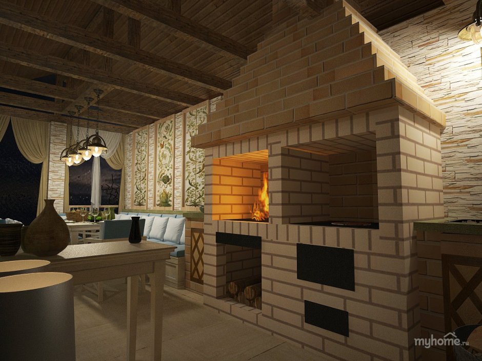 Летняя кухня с камином