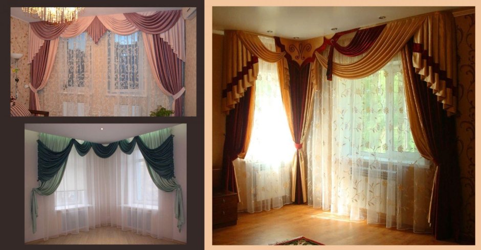 Шторы с ламбрекеном на два окна с простенком