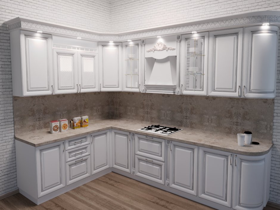 Кухня классика белая с серебряной патиной угловая