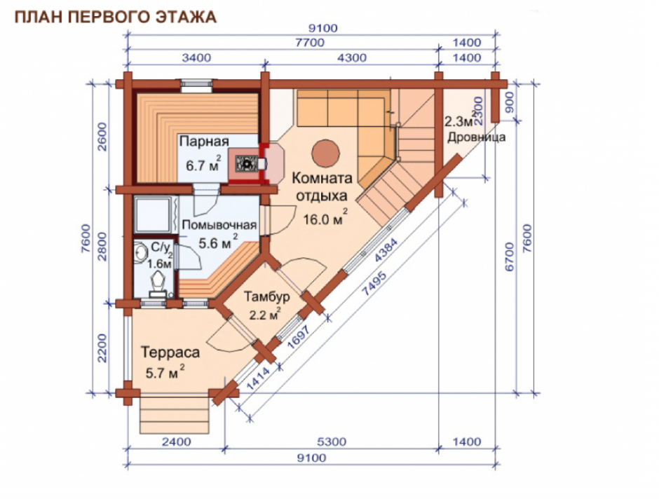 Угловая баня с мансардой и террасой