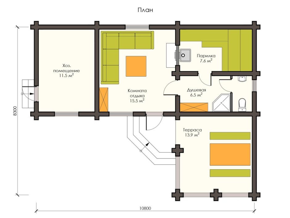 Угловая баня с террасой под одной крышей проекты