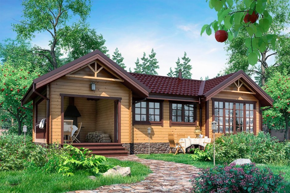 Красивые бани с террасой и барбекю