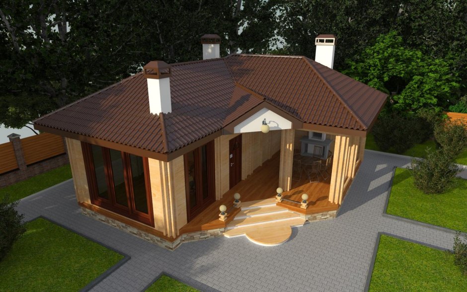 Угловая баня с мансардой и террасой