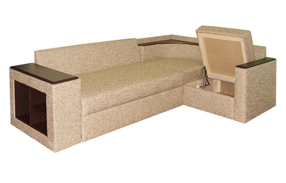 Угловой диван с полками в углу
