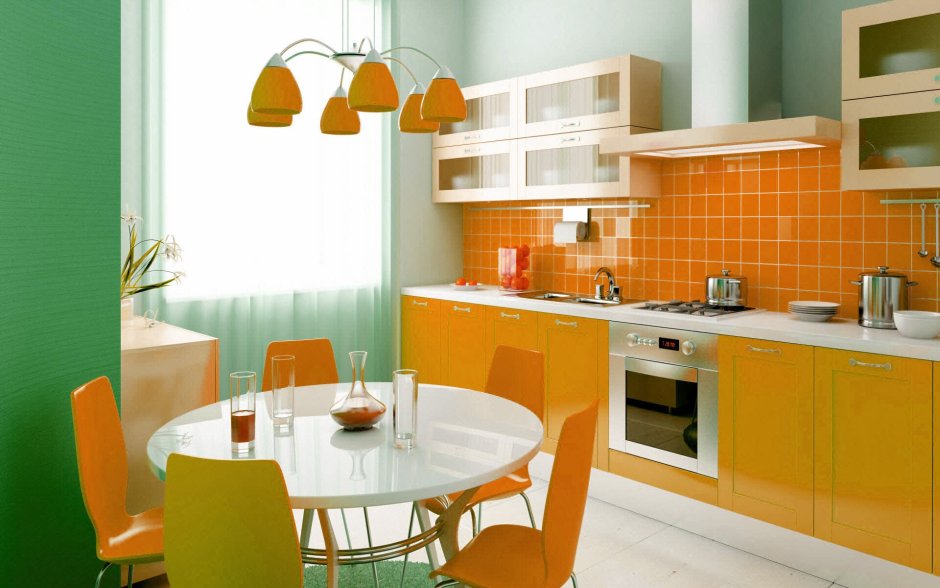 Зелено оранжевая кухня