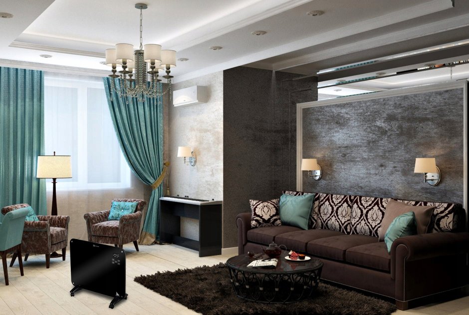 Гостиная с бирюзовыми шторами