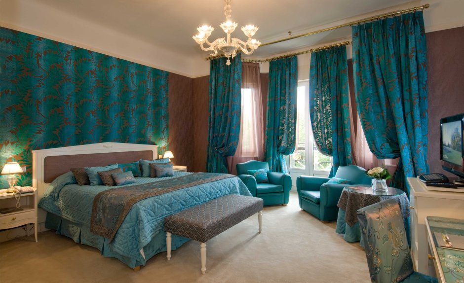 Шторы бирюза с коричневым