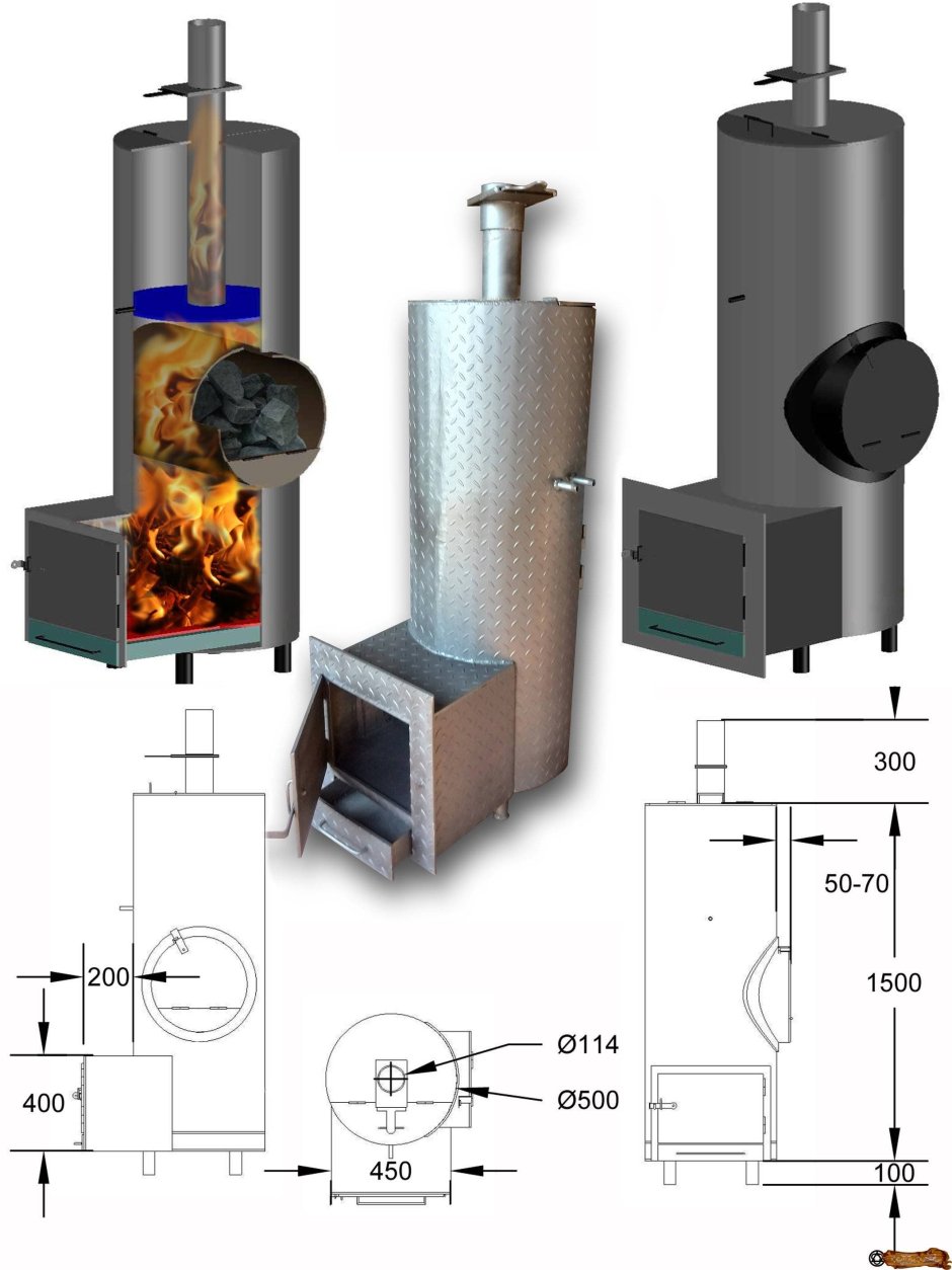 Печь для бани из трубы 530 с теплообменником
