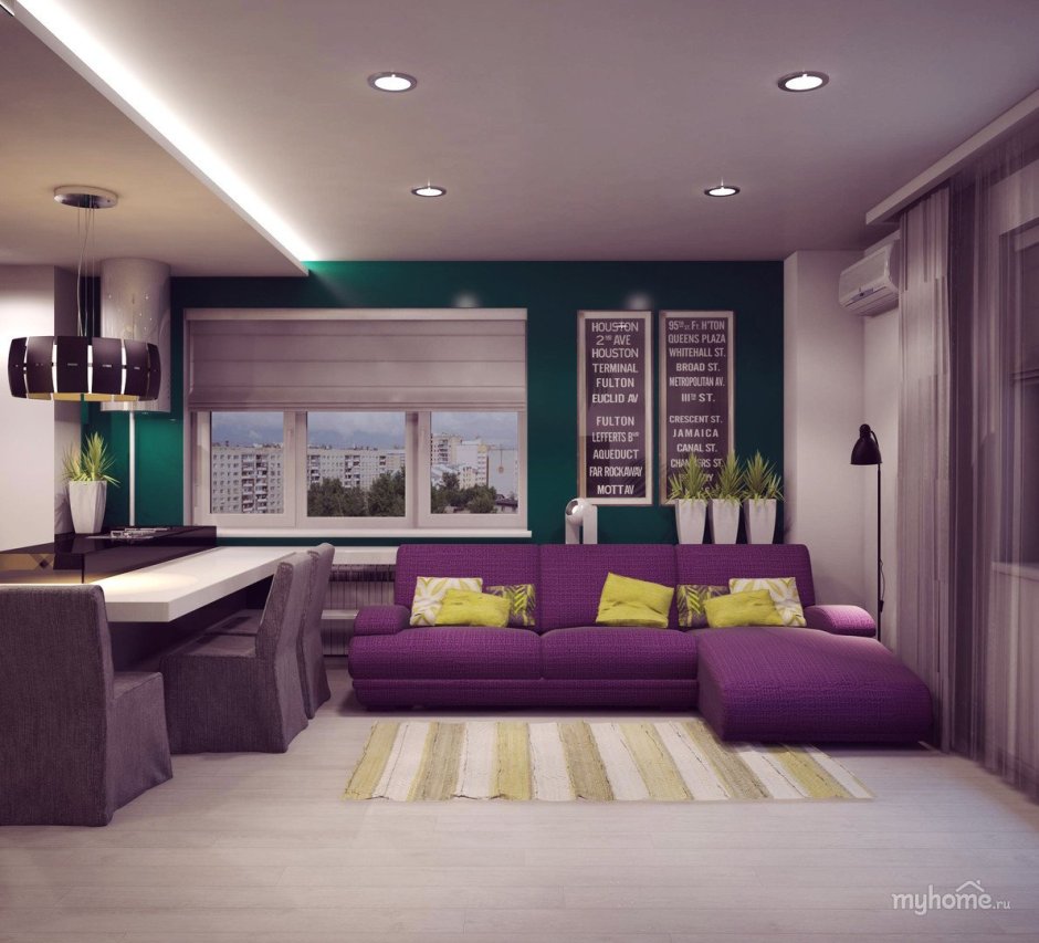Фиолетовый в интерьере гостиной