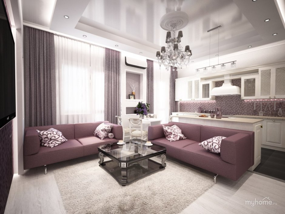 Гостиная в бежево фиолетовых тонах