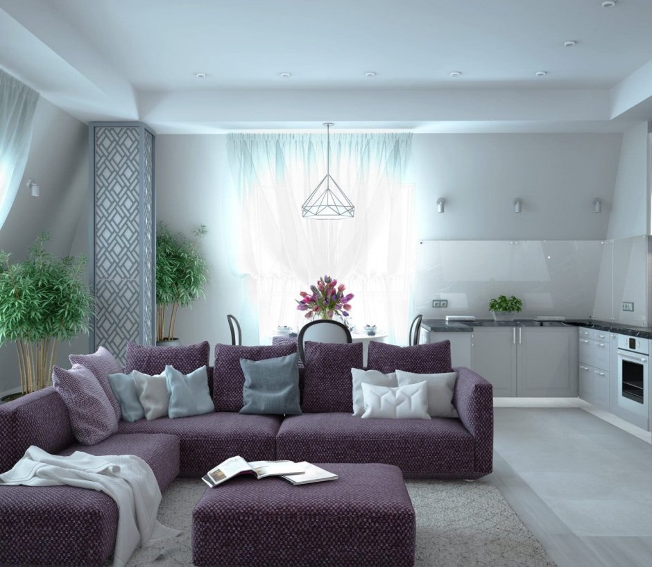 Сиреневый диван в интерьере в гостиной