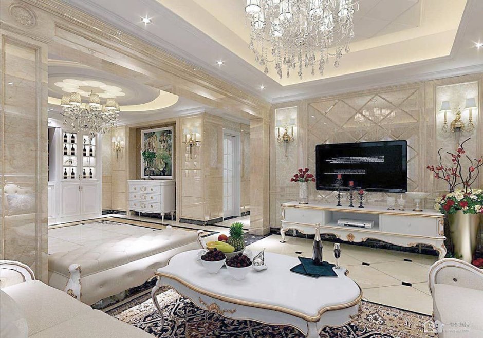 Гостиная в бело золотых тонах