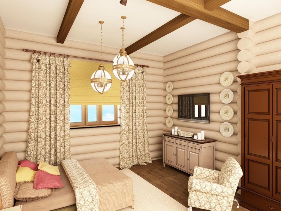 Интерьер дома из оцилиндрованного бревна 6х6