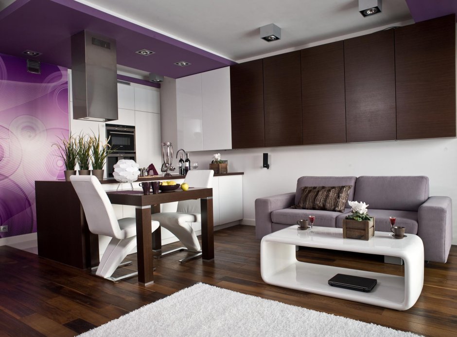 Кухня гостиная с темной мебелью