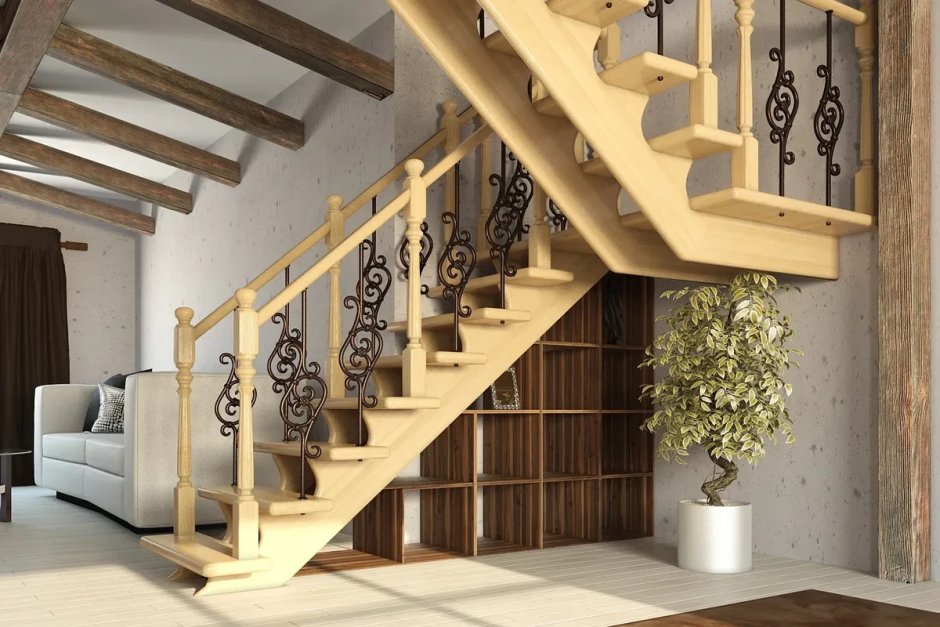 Деревянная двухмаршевая лестница
