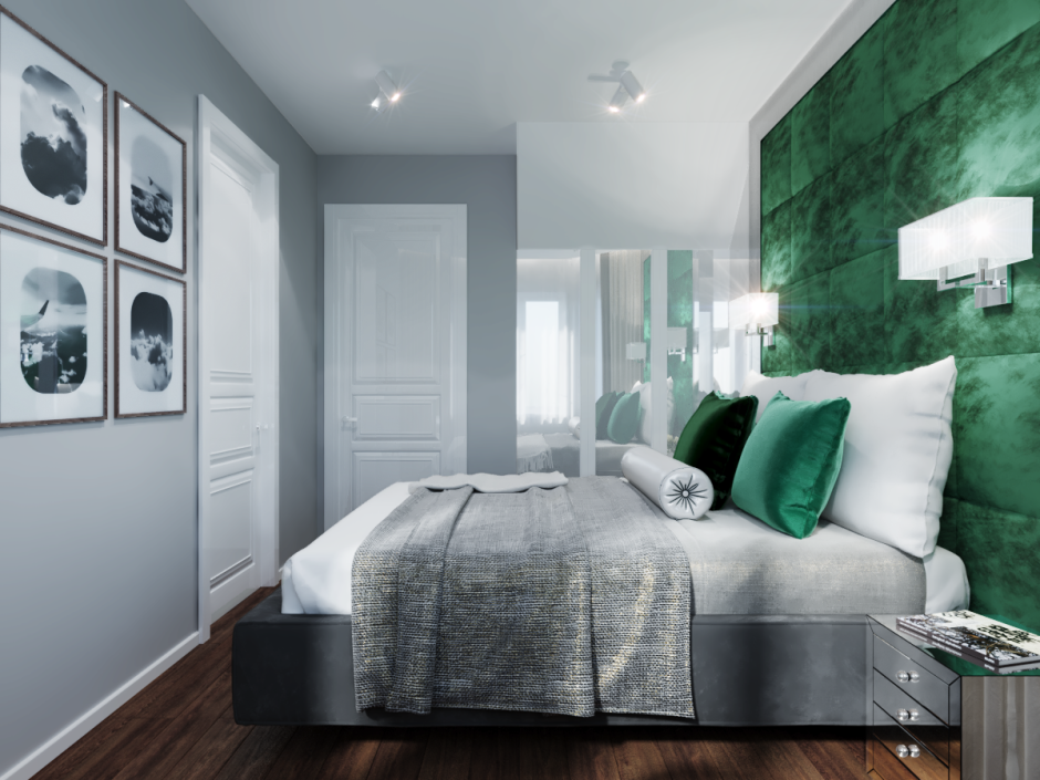 Серая спальня с зелеными акцентами