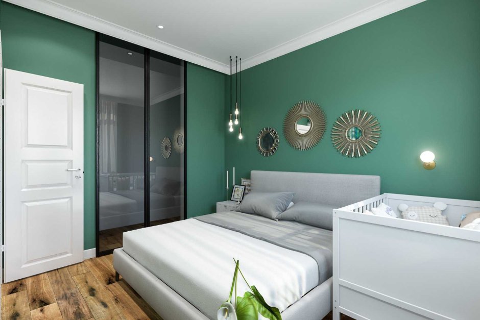 Изумрудный в интерьере спальни
