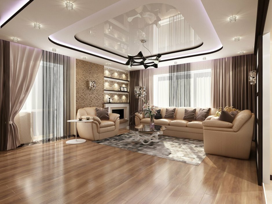 Современный натяжной потолок в гостиной