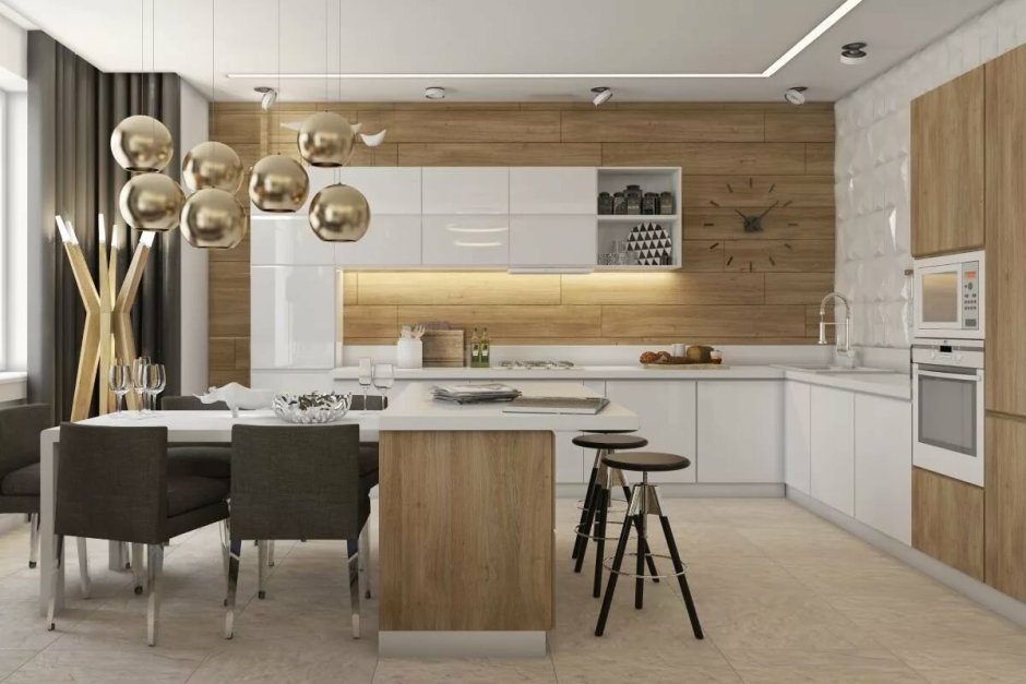 Кухня гостиная белая с деревом