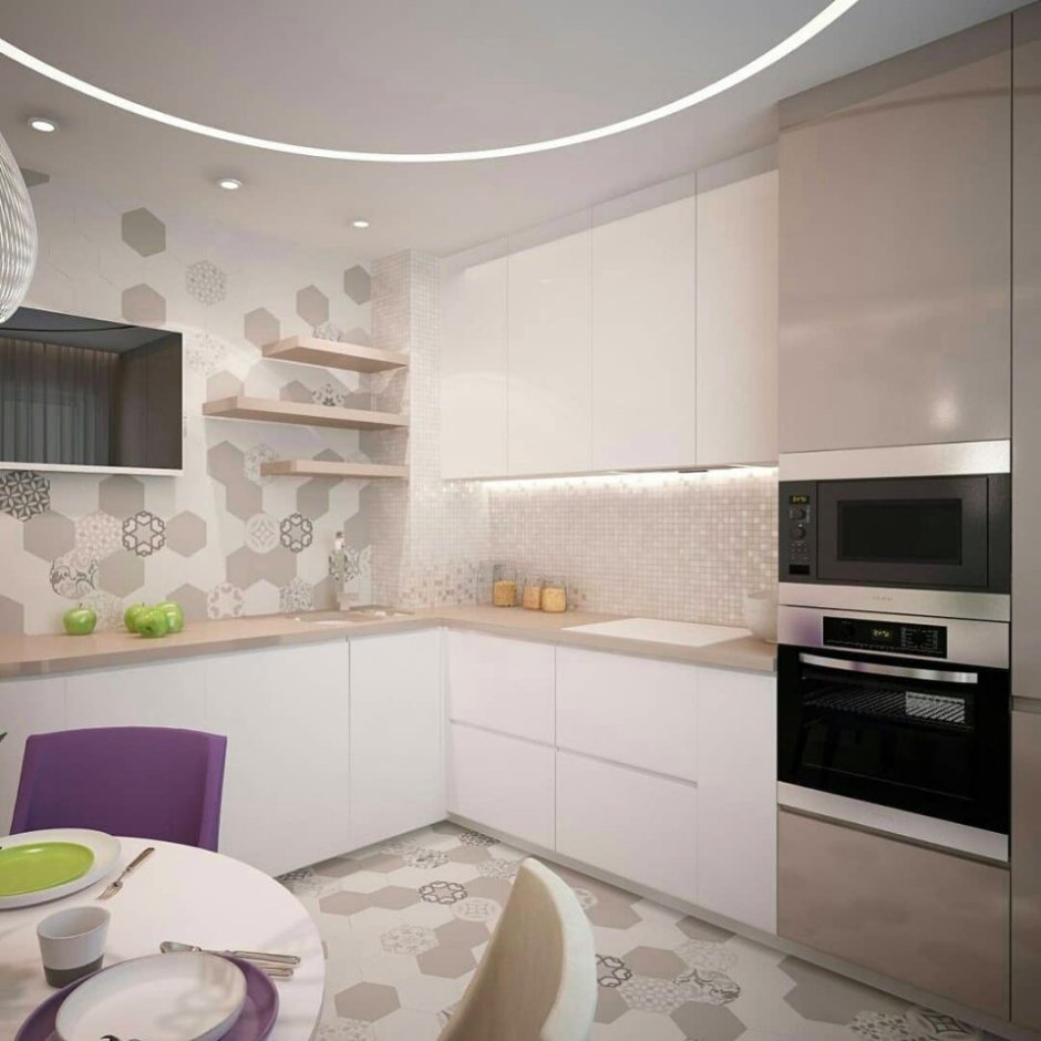 Угловая кухня в светлых тонах