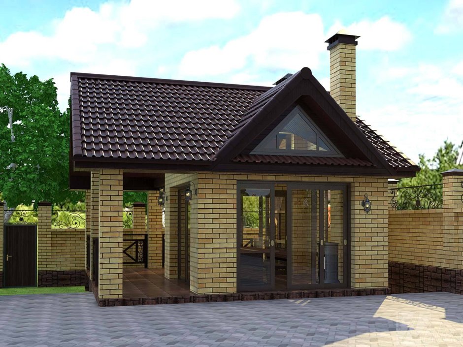 Баня с террасой и барбекюшницей из кирпича