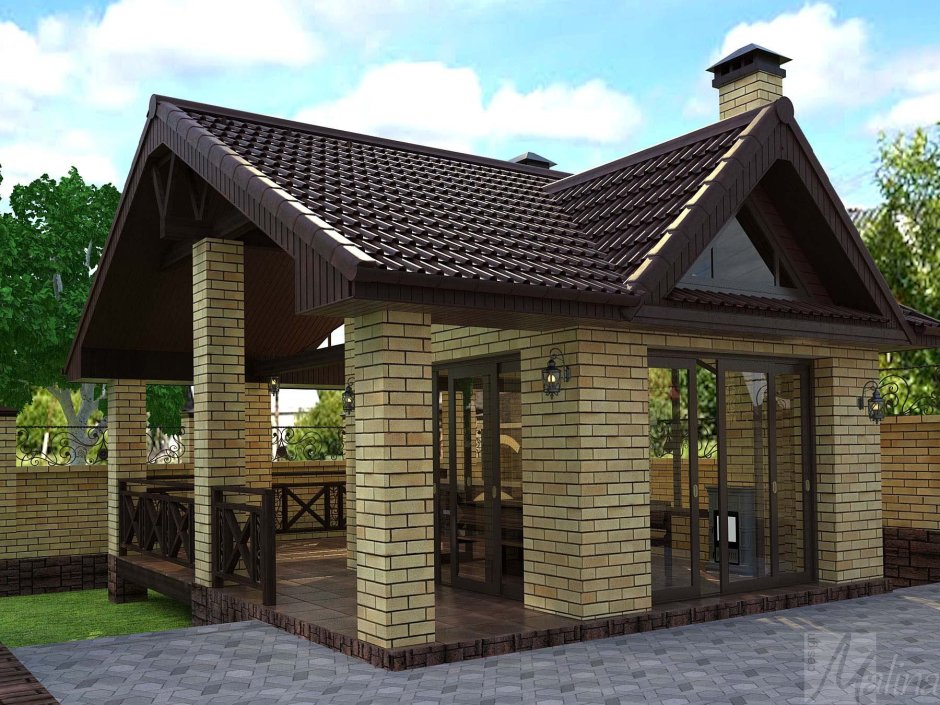 Баня из кирпича с верандой 6х8