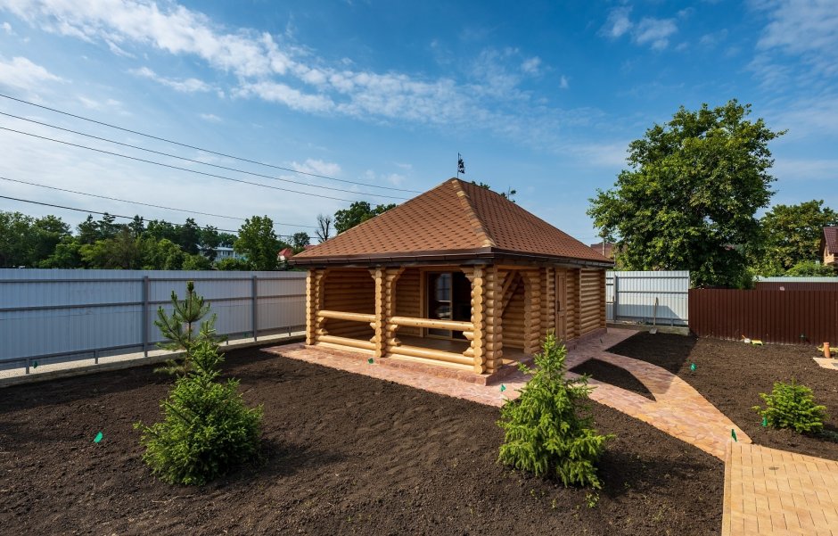 Баня с беседкой из кирпича