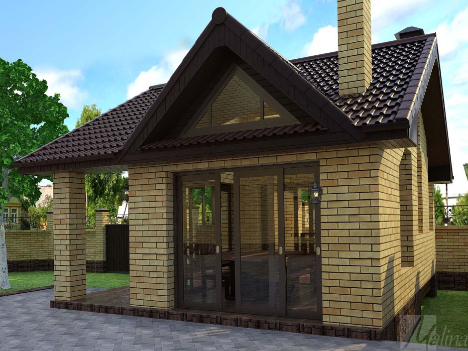 Кирпичная баня с верандой