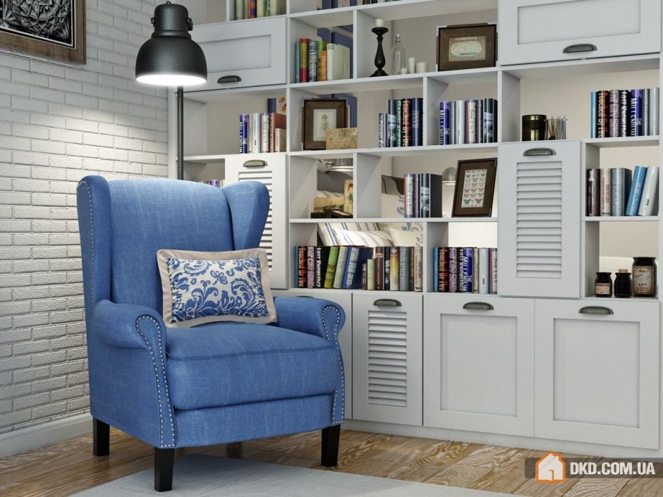 Голубой стеллаж в интерьере