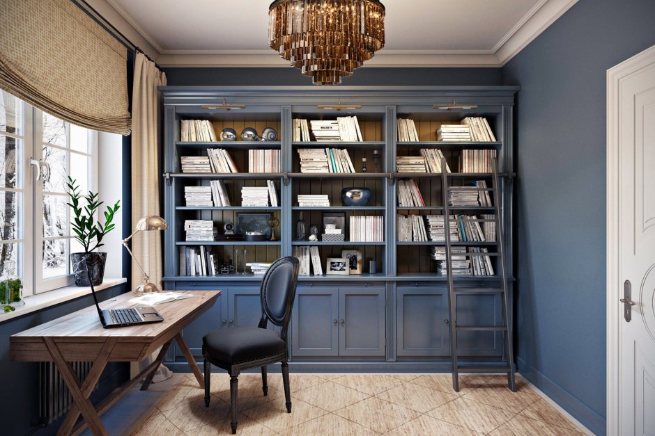 Домашний кабинет с серо голубыми стенами