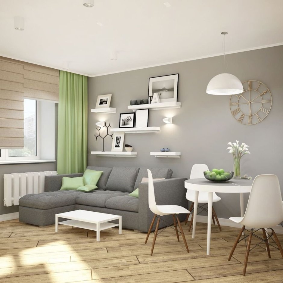 Кухня гостиная в серо зеленых тонах