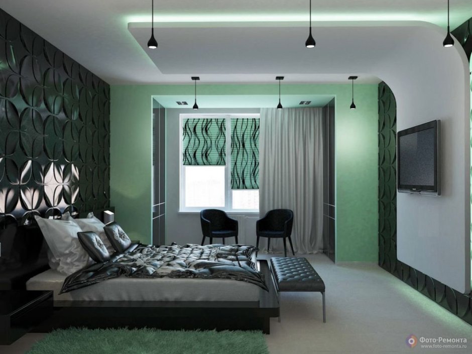 Серо зеленая спальня
