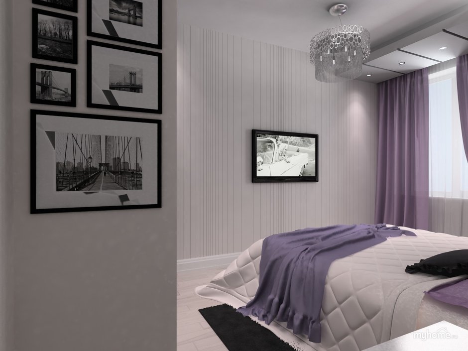 Серый и фиолетовый в интерьере спальни
