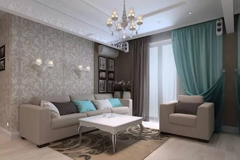 Коричнево бирюзовая гостиная