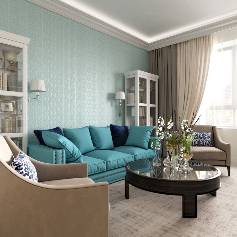 Интерьер с бирюзовым диваном