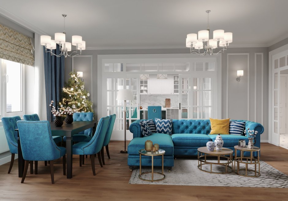 Кухня гостиная бирюзовая