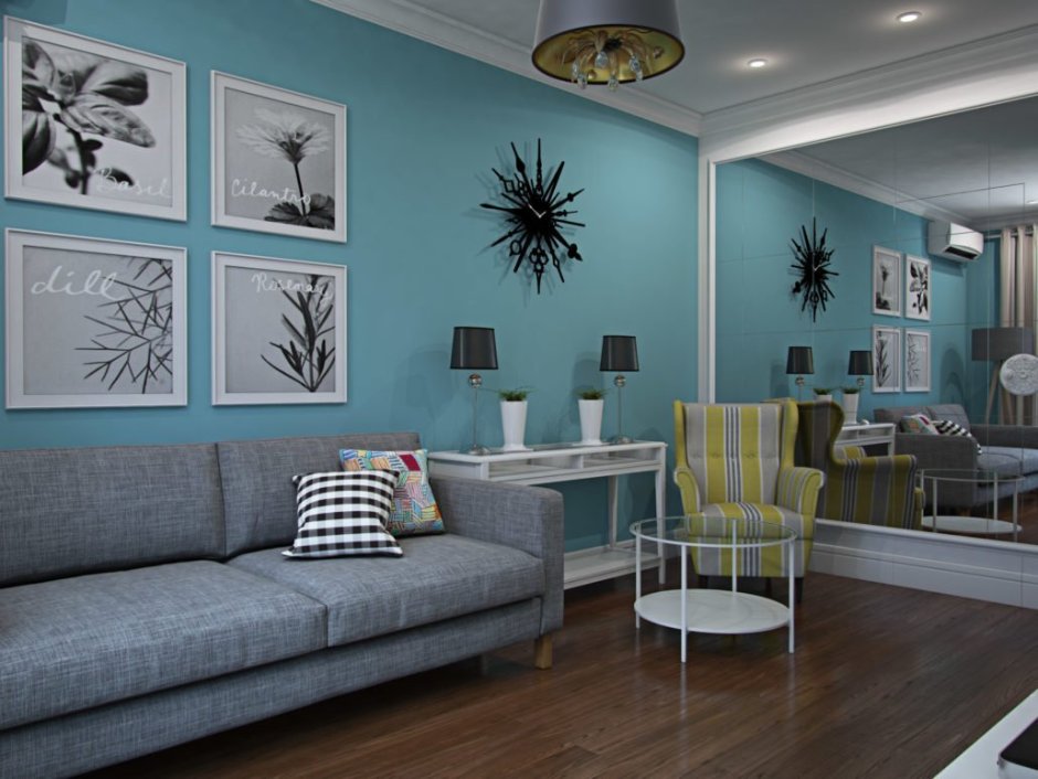 Бирюзово серая гостиная