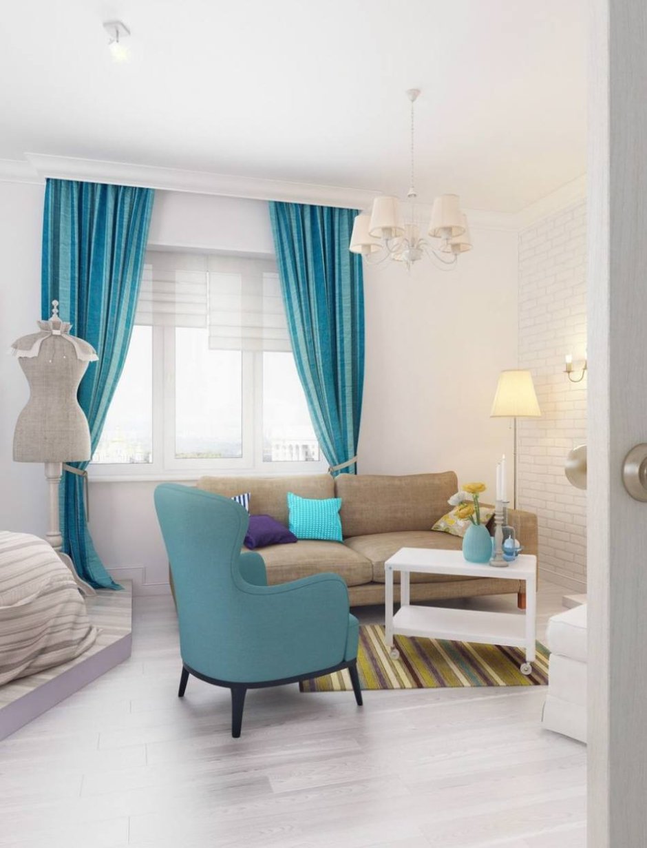 Бирюзовые шторы в интерьере