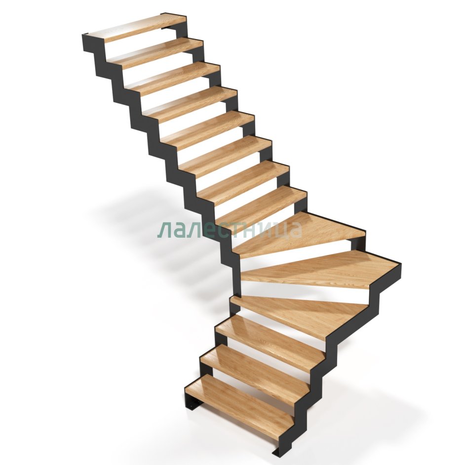 Лестница на 180 с забежными ступенями на косоурах