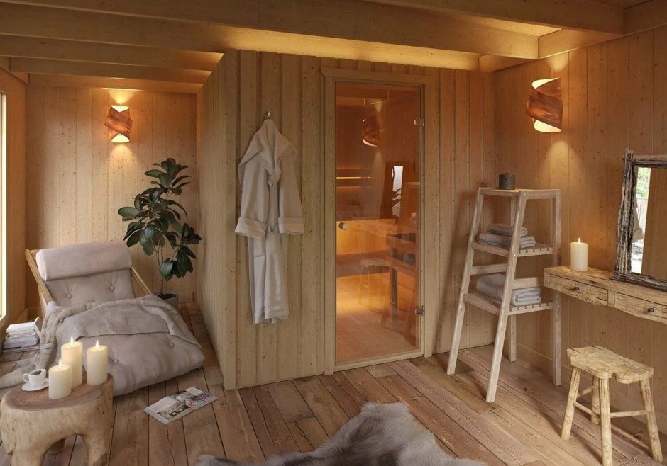 Интерьер загородного домика с баней