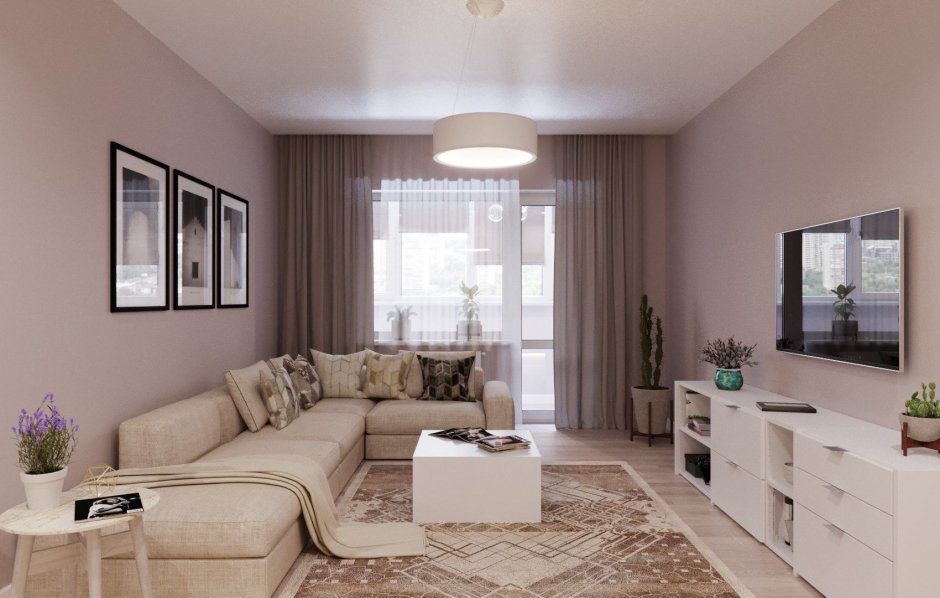 Интерьер прямоугольной гостиной с угловым диваном