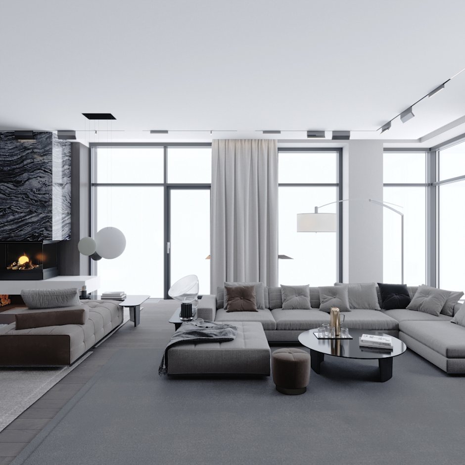 Интерьер гостиной с панорамными окнами