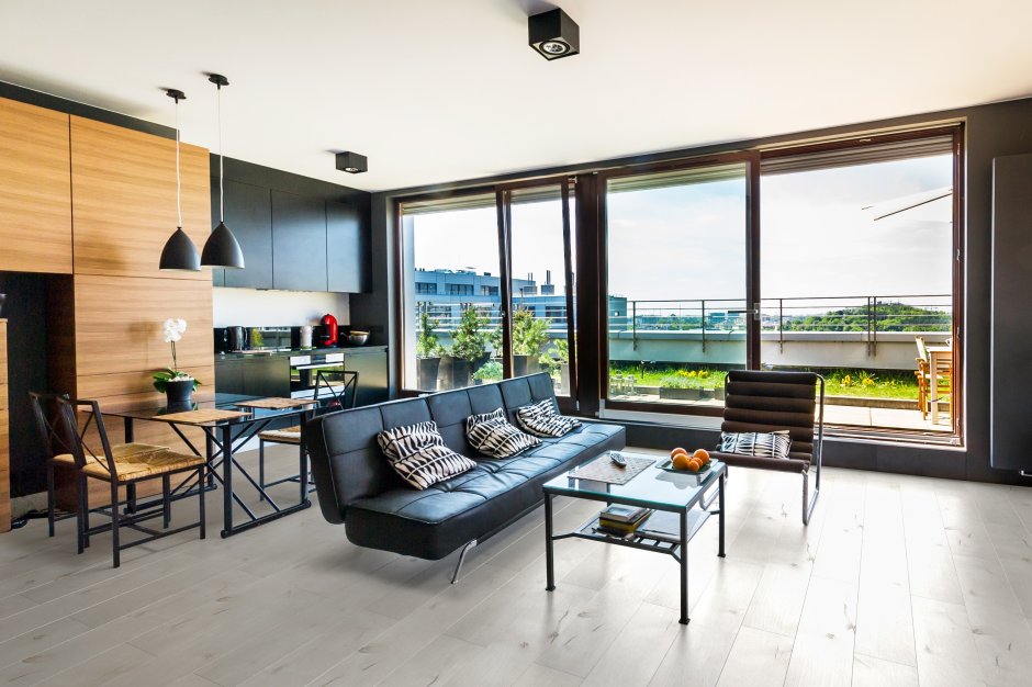 Кухня гостиная с панорамными окнами