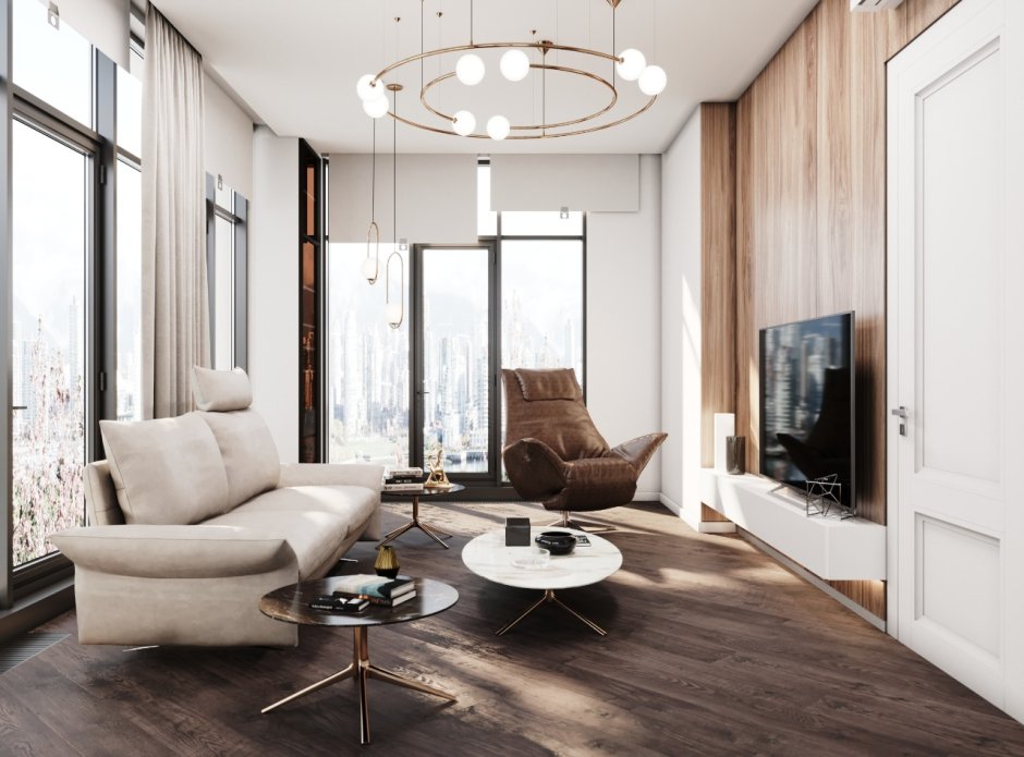 Гостиная с панорамными окнами в квартире