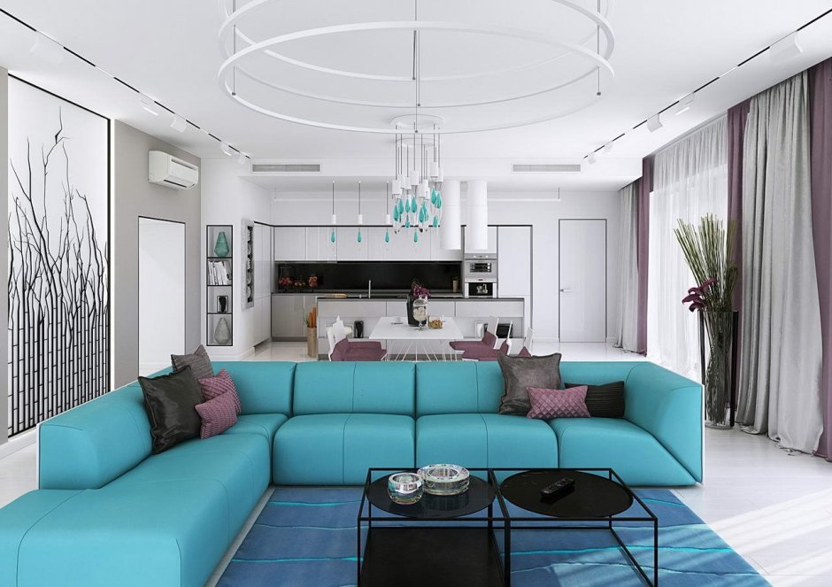 Дизайн гостиной с бирюзовым диваном
