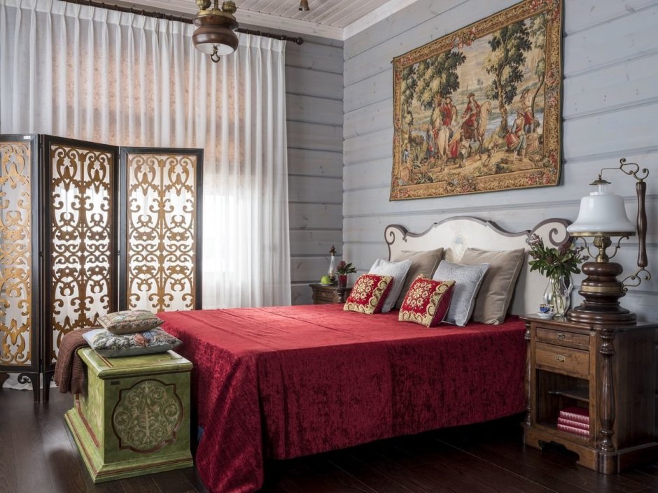 Гобелен в интерьере спальни
